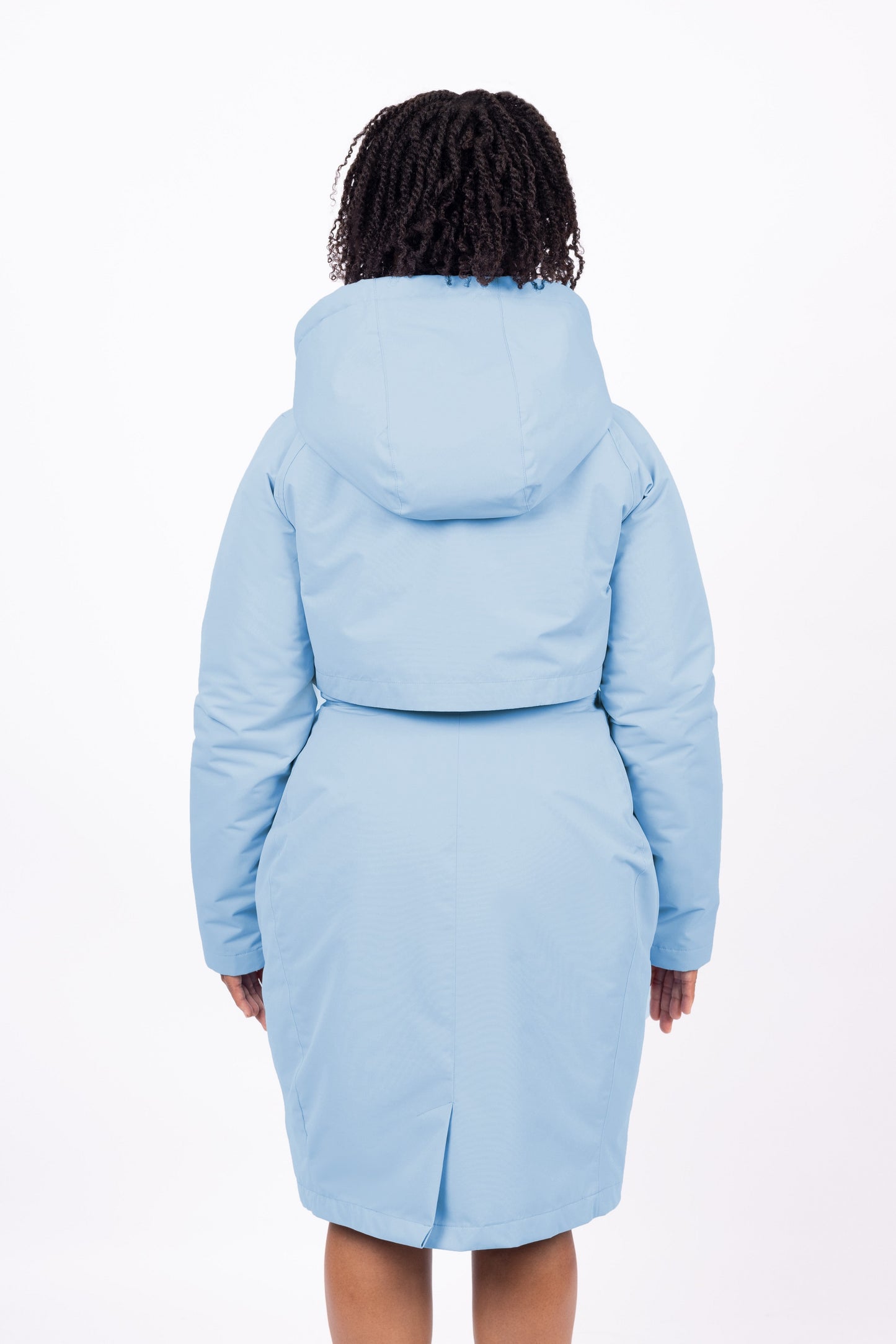 light blue coat womens made from recycled bottles